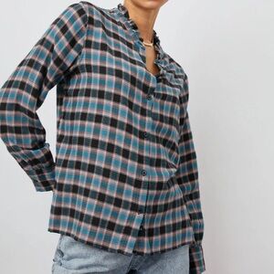 Rails Blue Black Pink Plaid Button Up Ruffle Neck Relaxed Fit Soft Flannel Shirt